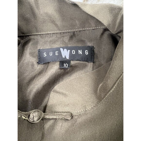 Sue Wong 100% Silk Olive Green Embroidered Flowers Kimono Duster Tunic Lined - Picture 8 of 13